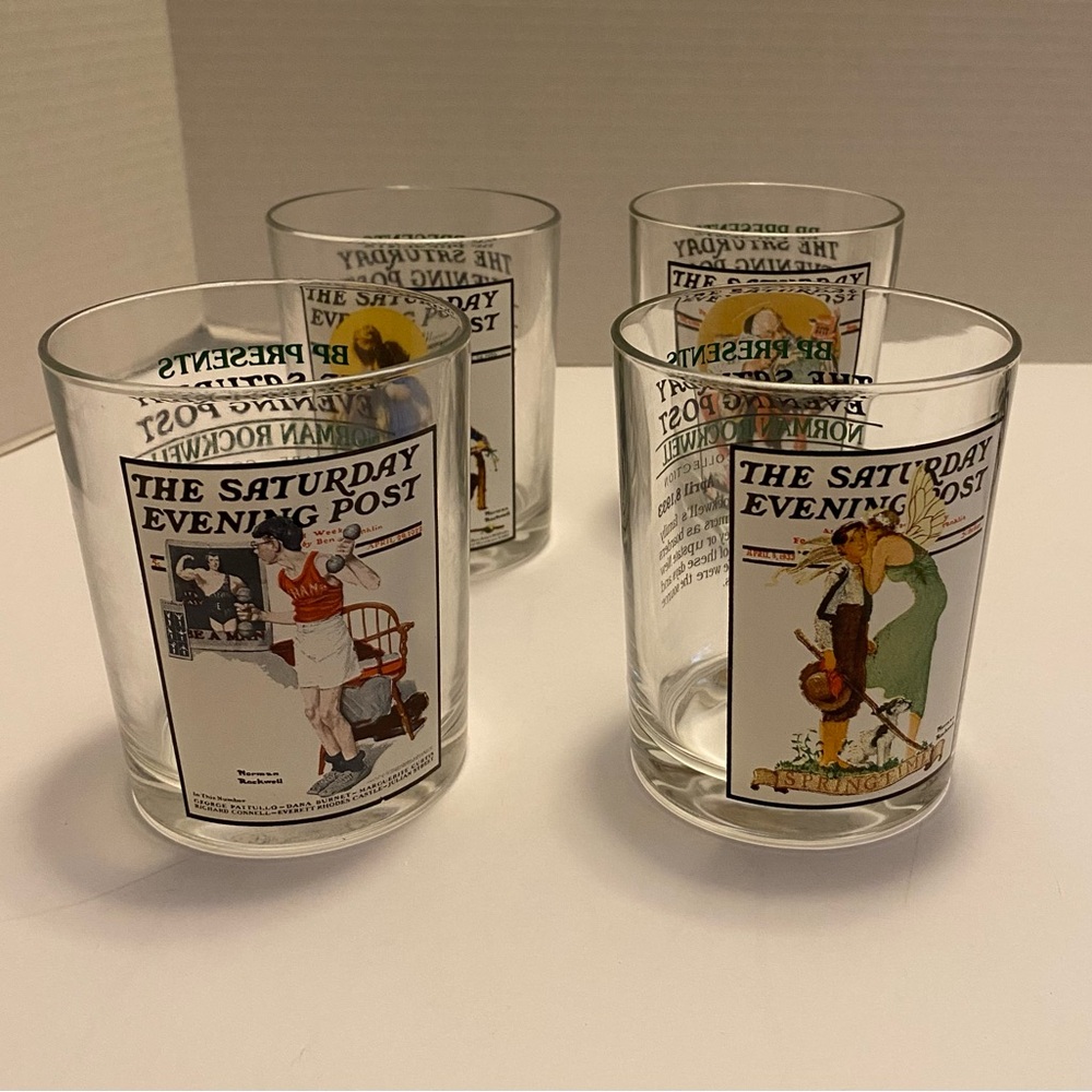 Norman Rockwell Saturday Evening Post Drinking Glass Cups Collectible Lot of 4